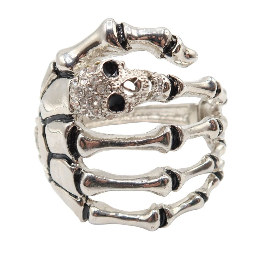 Silver Tone Skull Skeleton Hand Rhinestone Clamper Bracelet Spooky Goth Unsigned